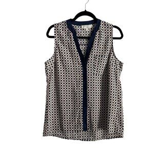 Olive & Oak Women Sz M Ivory/Blue Medallion V-Neck Button Front Sleeveless Top